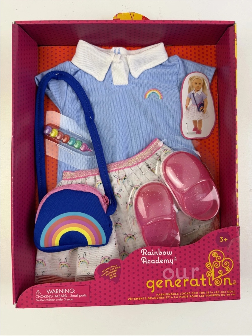 Rainbow Academy Doll Outfit — Blue Polo Top with Pink Shoes & Rainbow Purse